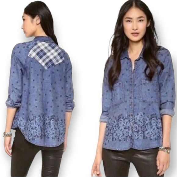 Free People Dottie Over You Chambray Button Up Floral and Plaid Blouse Medium - Picture 16 of 16